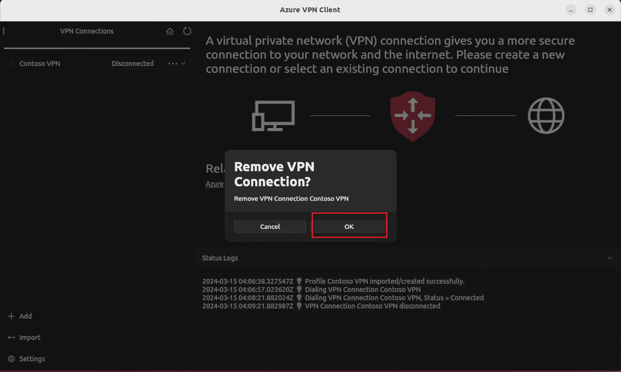Screenshot of the vpn client with the remove VPN Connection popup open.