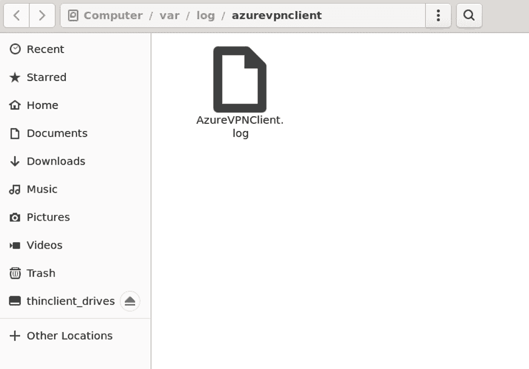 Screenshot of the location of the Azure VPN Client log file.