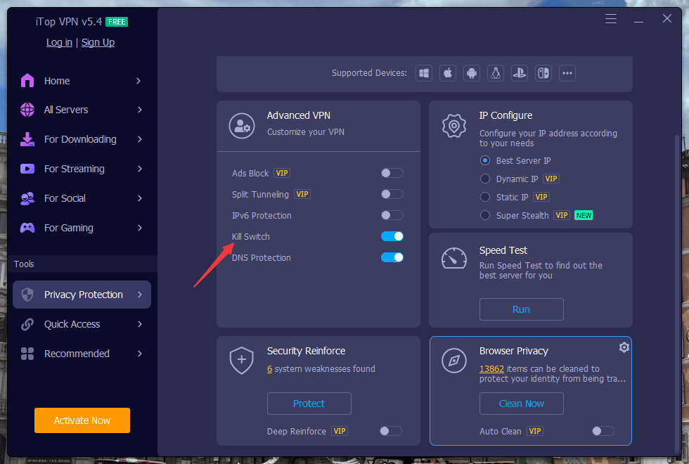 iTop Free VPN Kill Switch Feature