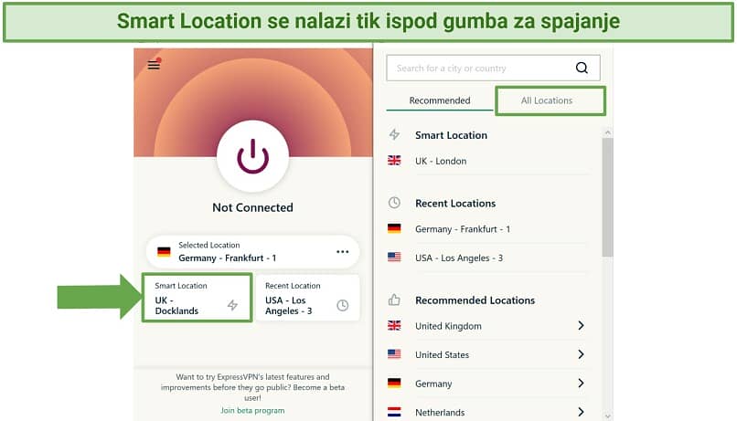 Screenshot of ExpressVPN's Windows app highlighting the Smart Location feature