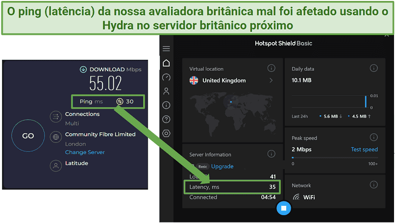 Screenshot showing Hotspot Shield Free VPN affect on ping or latency