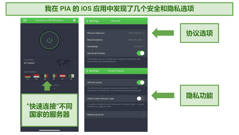 Screenshot of PIA's iOS app