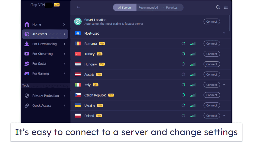 iTop VPN Ease of Use: Mobile &amp; Desktop Apps — Intuitive &amp; Feature-Rich