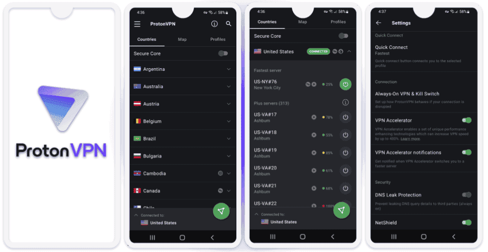 🥈 2. ProtonVPN — Funciones de seguridad excelentes y el mejor plan gratuito para Android