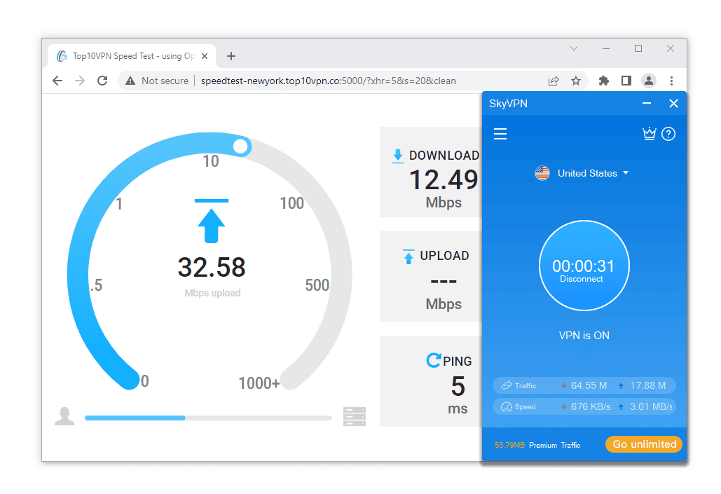 Test de velocidad de SkyVPN en Windows.