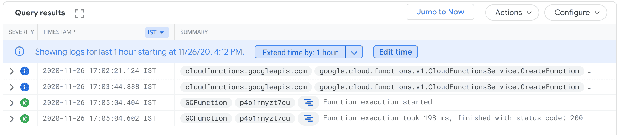 Log history on Query results page