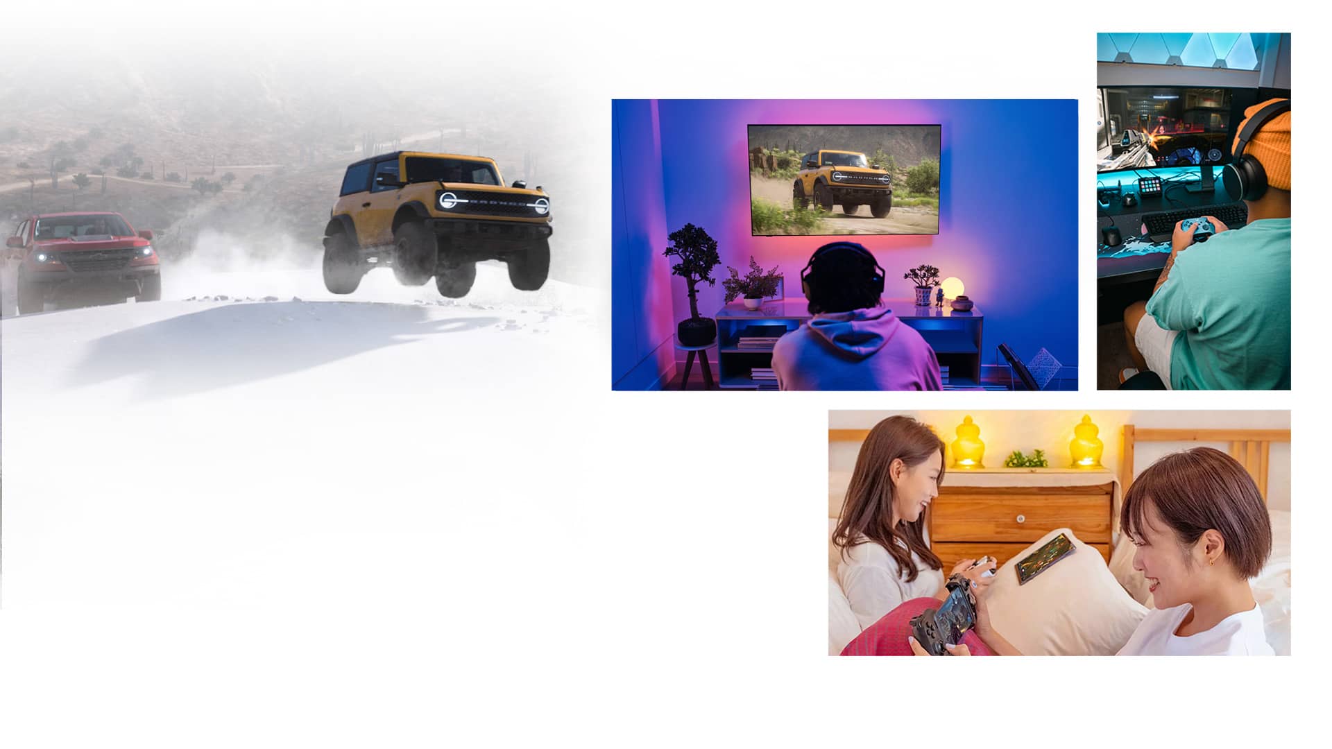 People is gaming game on device include a Surface laptop , an Xbox Series   S , a tablet , and a phone .