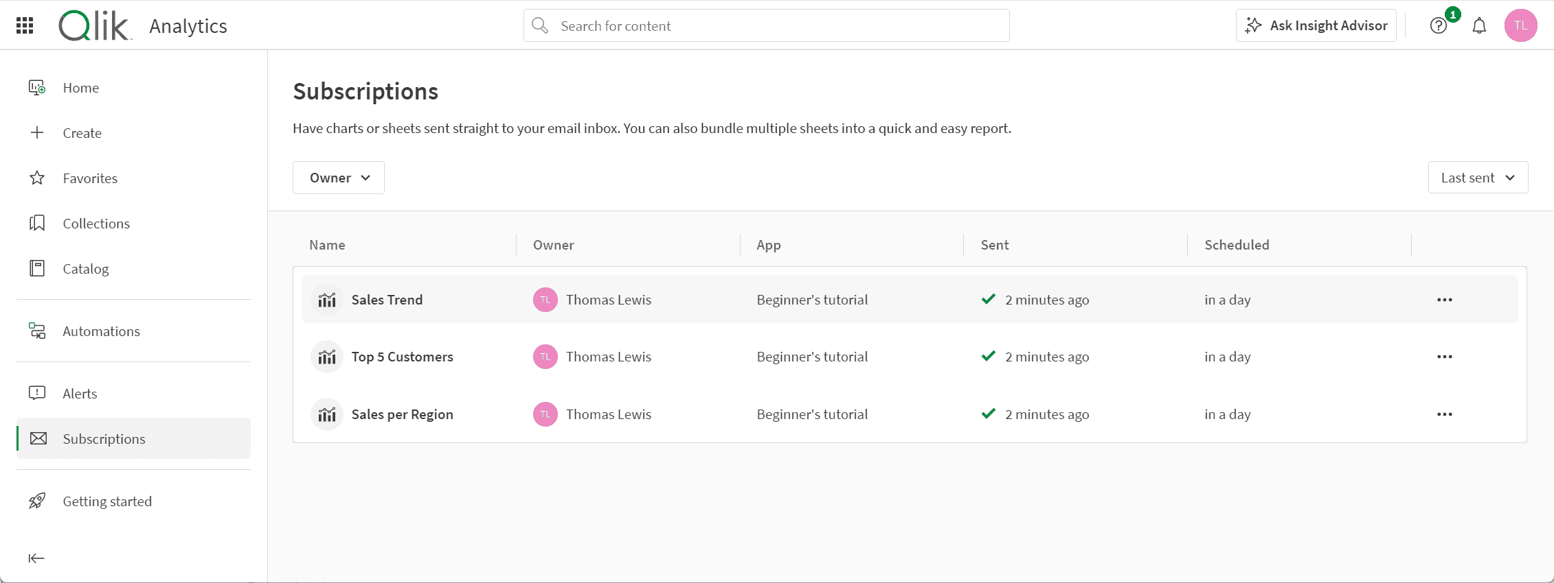 Dedicated page for subscription accessible from the analytic  activity center.