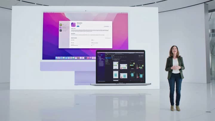 A slide from WWDC 2021 showing Xcode running on an iMac and MacBook Pro