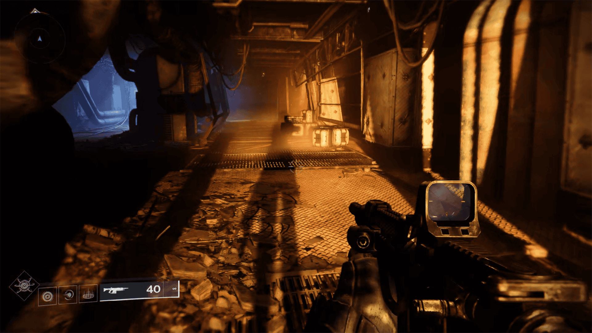 A screenshot of gameplay in a dark hallway in "Destiny 2."