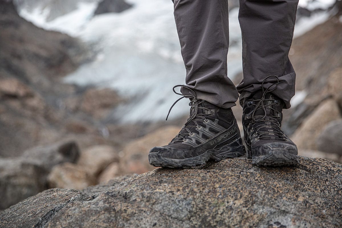 La Sportiva Ultra Raptor II Mid GTX hiking boot (standing on rock in Patagonia)