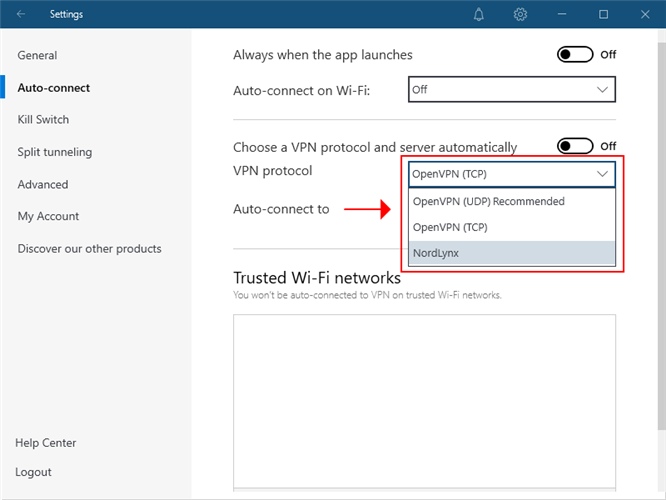 NordVPN shows the supported protocols