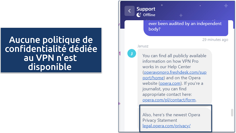 Screenshot of a chat response from Opera VPN Pro support