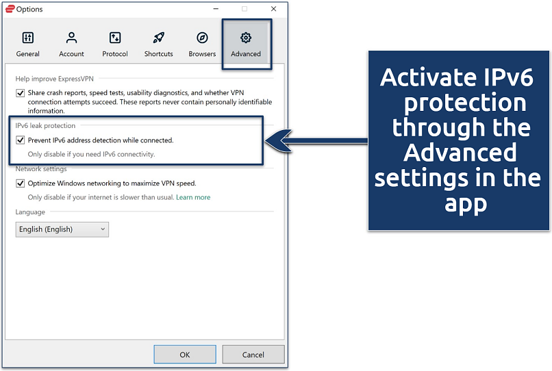 Screenshot showing how to activate ExpressVPN's IPv6 leak protection