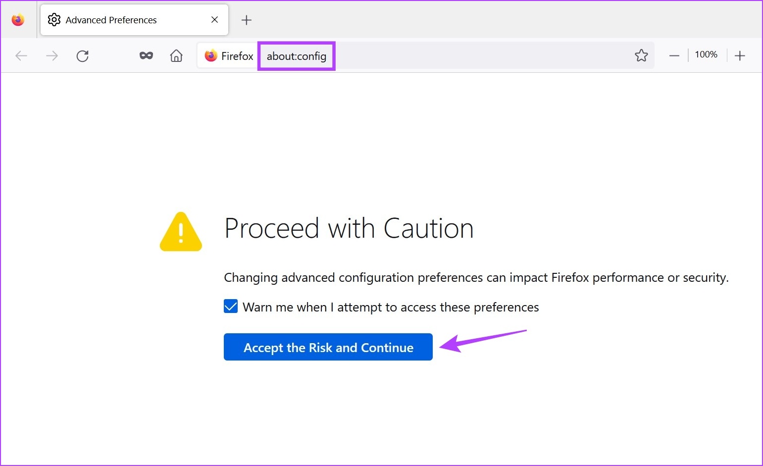 Open about config & click on accept risk