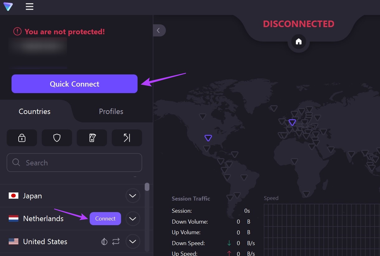 Click on Connect or click on Quick Connect
