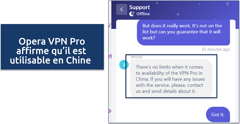 Screenshot of chat response where Opera VPN agent claims it can be used in China