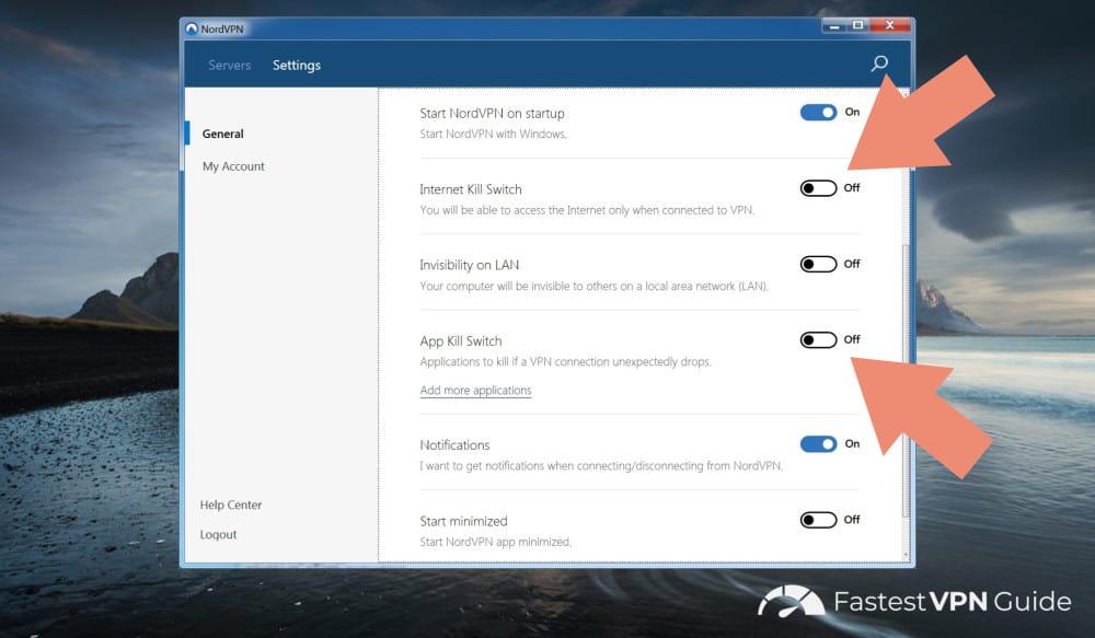 Location of internet kill switch in NordVPN client app