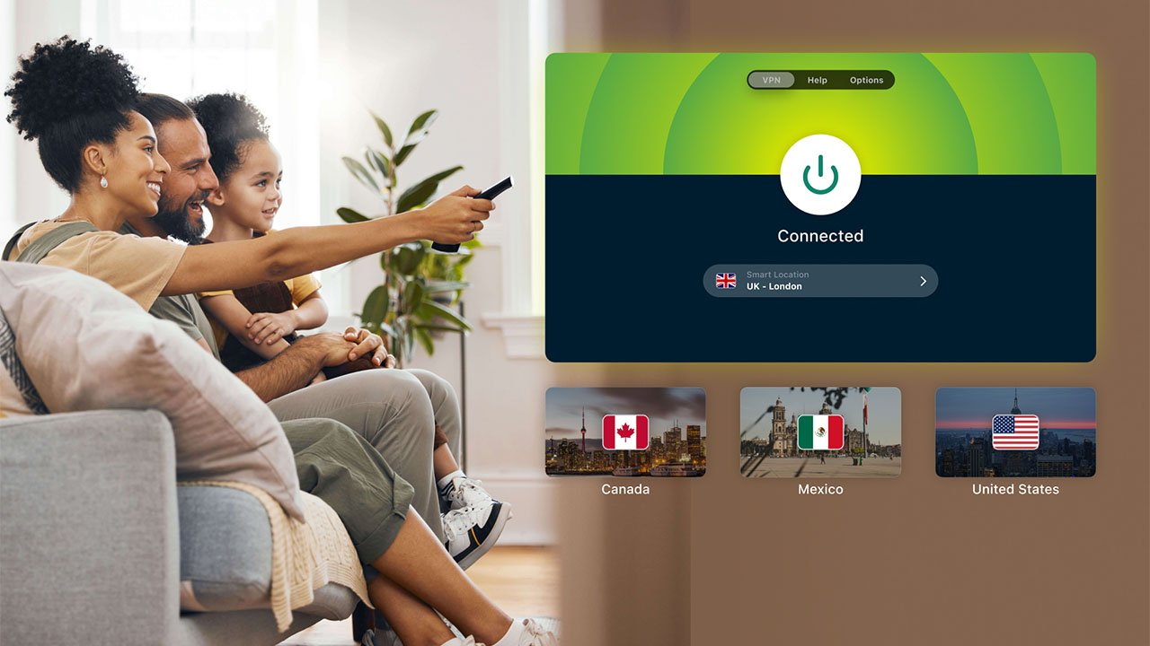 Family sitting on a couch, smiling and pointing remote at TV displaying a VPN interface with connected status and location options for Canada, Mexico, and United States.