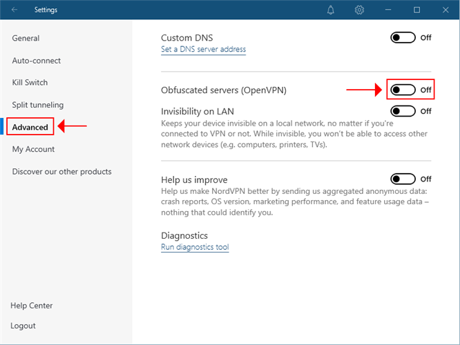 NordVPN highlights the advanced and obfuscation settings