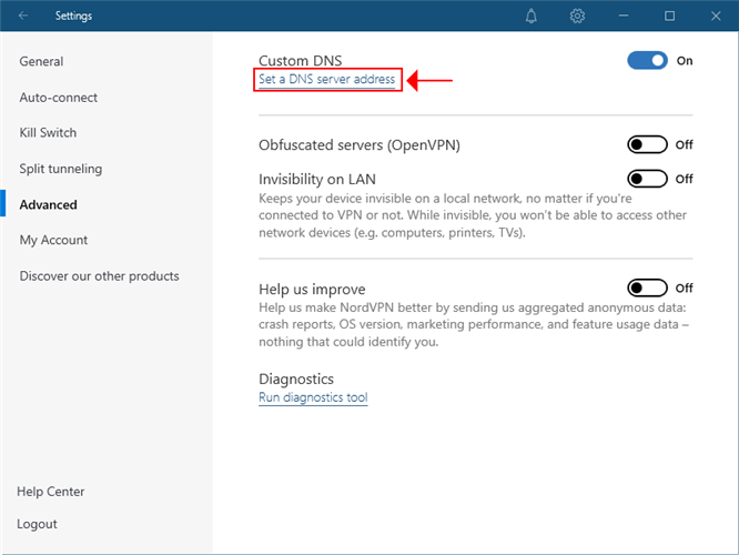 NordVPN highlights the DNS server address