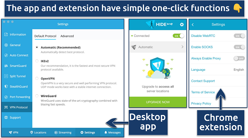 Screenshots of hide.me's desktop app and chrome extension