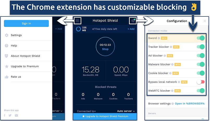 Screenshot of the 3 main app views on the Hotspot Shield chrome extension