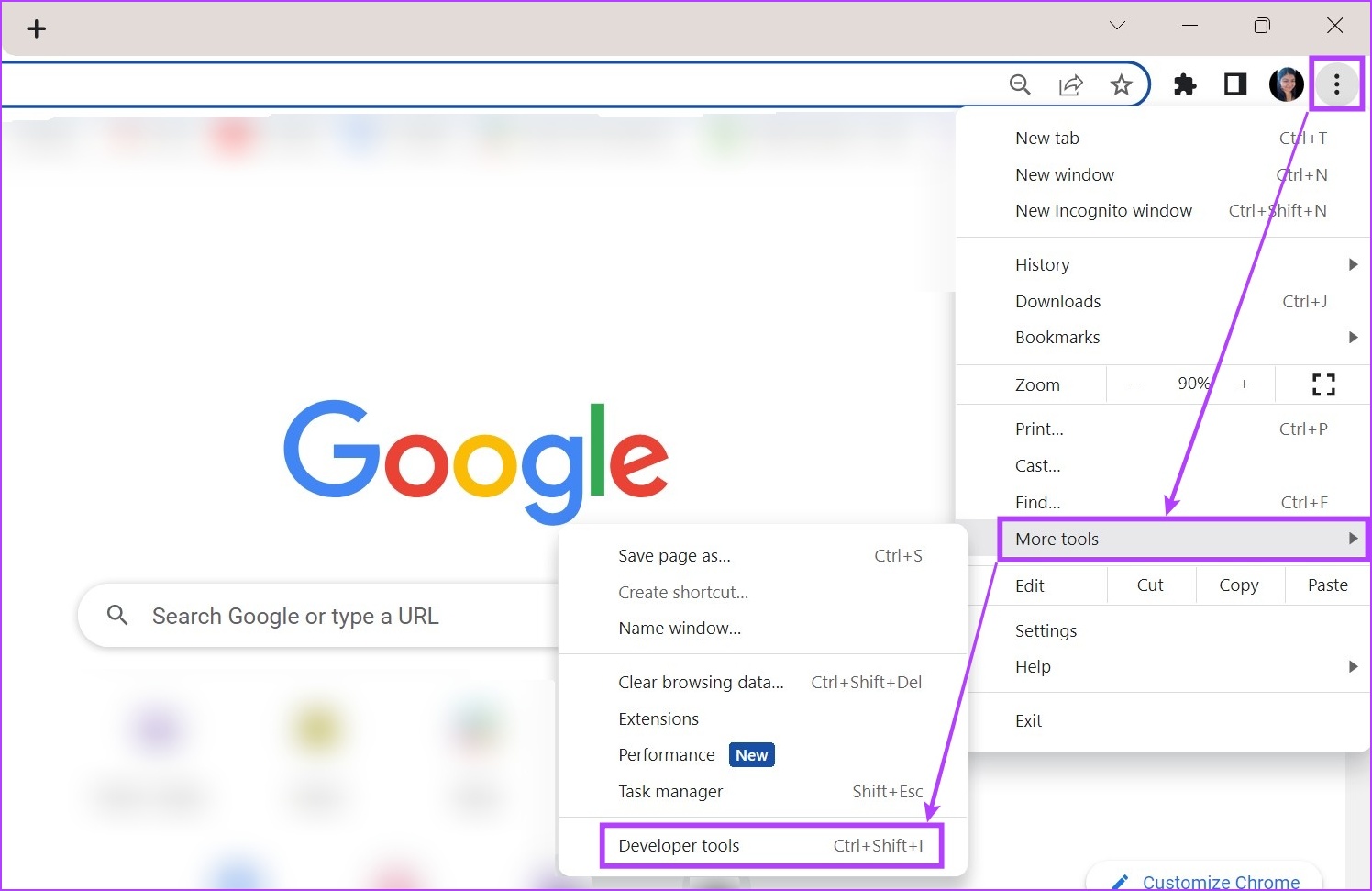 Open Menu & open Developer tools