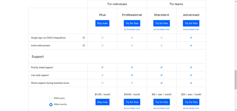 dropbox pricing plans