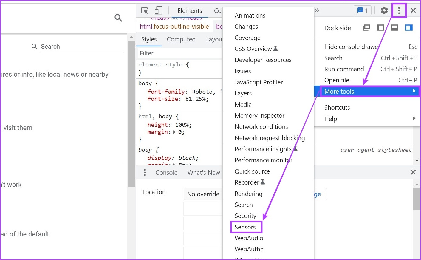 From Menu open More tools & click on Sensors