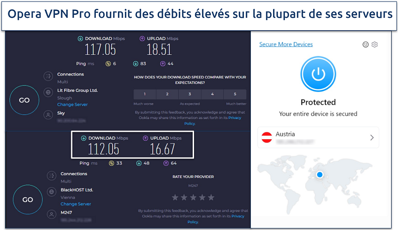 Screenshot of a speed test showing rates not connected to the VPN vs connected to a server nearby in Austria