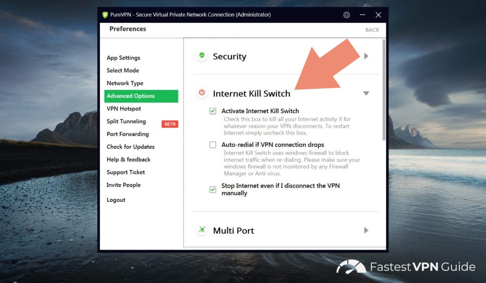 Location of internet kill switch in PureVPN client app