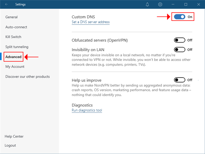 NordVPN highlights the custom DNS settings