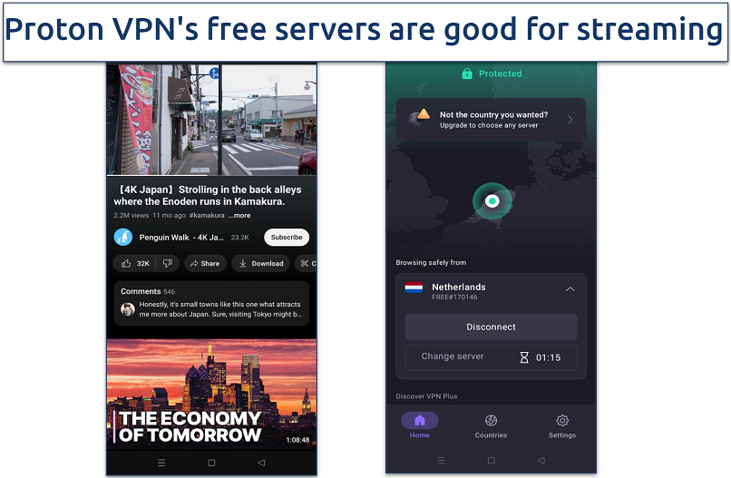 A YouTube video streaming on Android with Proton VPN connected