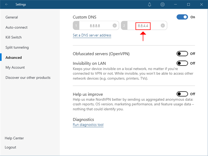 NordVPN uses the 8.8.4.4 DNS server address