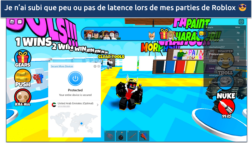 Screenshot of Roblox being played while connected to Opera VPN's Pro’s UAE server 