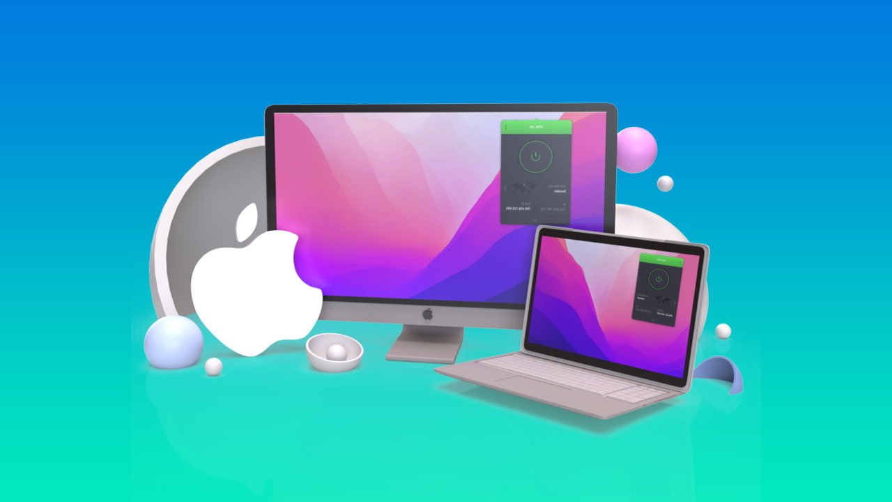 A computer and laptop displaying a colorful gradient screen with a large white apple symbol nearby, set against a blue background with floating spheres.