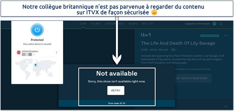 Screenshot of ITVX player displaying an error message when our tester tried to watch it while connected to Opera VPN Pro's UK server